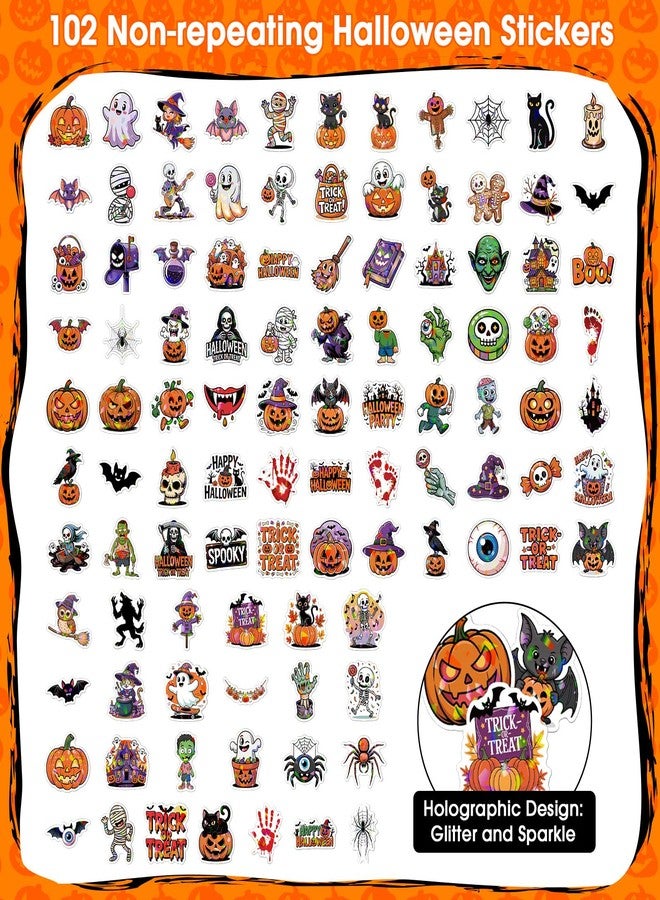 Litmitfu 102 PCS Happy Halloween Stickers - Holographic Halloween Party Favors Pumpkin Holiday Sticker Crafts Hallowee Vinyl Sticker for Water Bottle Basket Decorations Goodie Bags Stuffers Supplies Props - Image 3